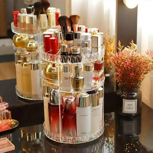 360° Rotating Makeup Organizer – Adjustable Cosmetic Storage Box (Acrylic)